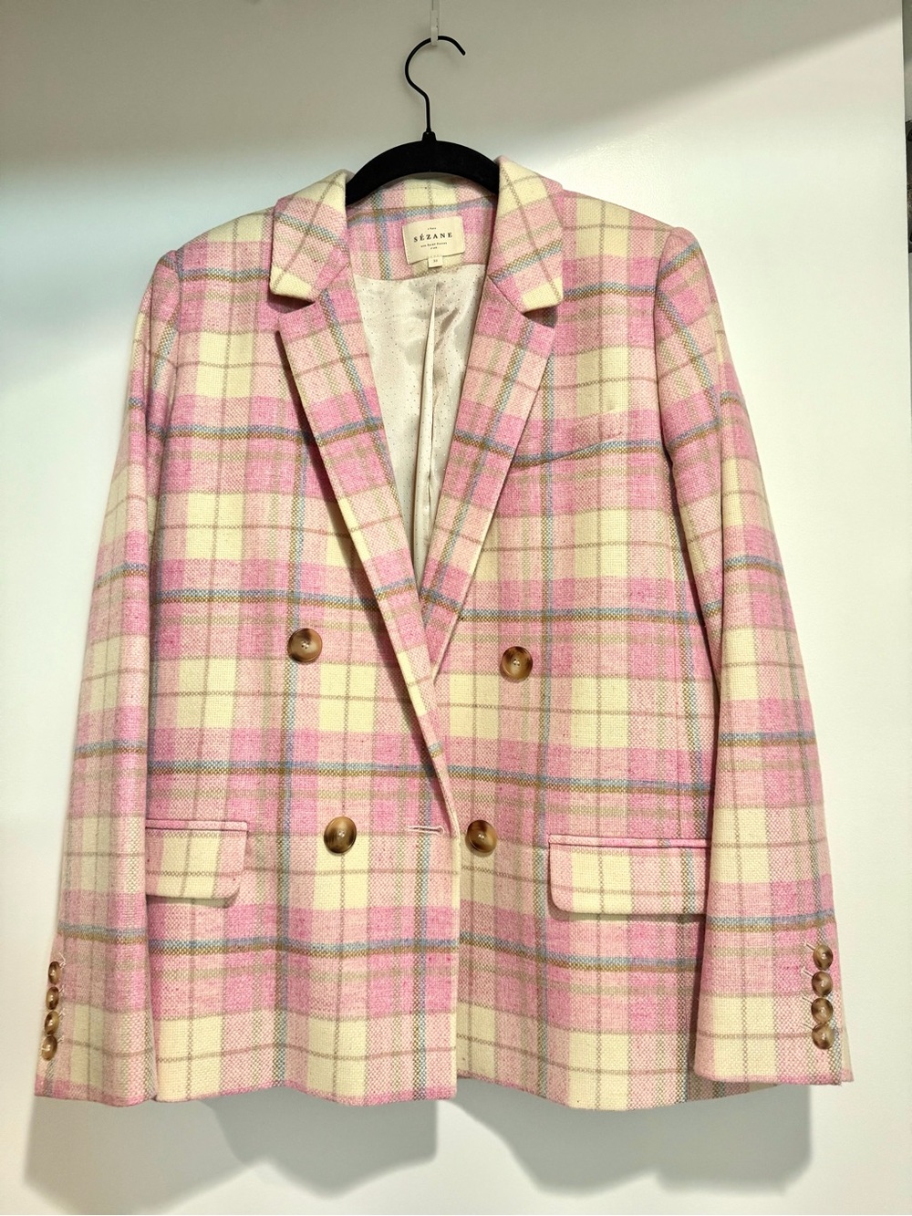 Sézane Christie Jacket in Pink Check Print 100% wool